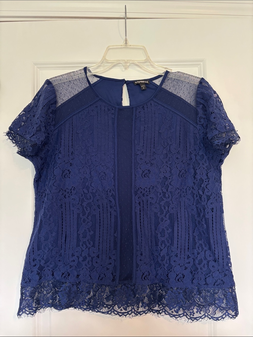 Express Women's Navy Blue Lace Short Sleeve Top